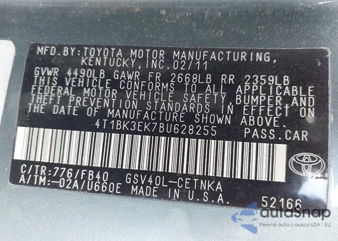 2011 Toyota Camry Le V6 from USA, damaged, VIN 4T1BK3EK7BU628255